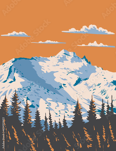 WPA poster art of Mount Daniel during winter in the Enchantments within Alpine Lakes Wilderness of the Cascade Mountain Range in Washington State USA done in works project administration.
