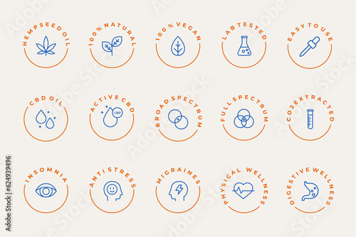 CBD oil benefits vector icons set collection. Hemp seed oil, vegan, laboratory tested, full spectrum, co2 extracted, insomnia, anti stress, migraine, natural, wellness, digestive. Editable stroke.