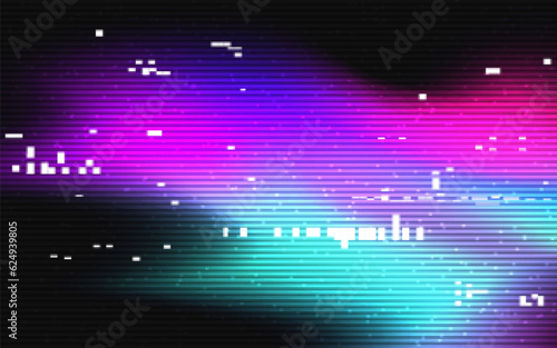 Glitch abstract backdrop. Color bright distortions. Abstract white shapes and lines. Broken video signal with noise. Modern gradient texture for poster or banner. Vector illustration