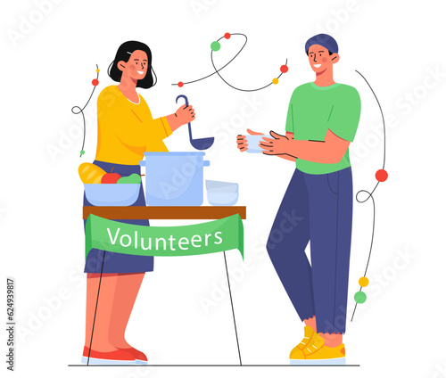 Volunteer give food to man concept