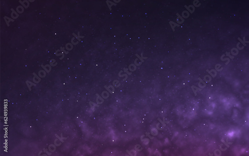 Starry clouds. Color nebula with stardust. Realistic cosmic background. Night sky with bright stars. Magic gradient space texture. Dark universe effect. Vector illustration
