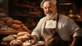 
The portrait of an elderly baker in his retro bakery, surrounded by delicious pastries and bread, reflecting his lifelong passion for baking. Generative Ai.