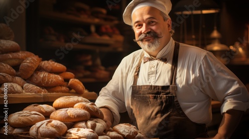 
The portrait of an elderly baker in his retro bakery, surrounded by delicious pastries and bread, reflecting his lifelong passion for baking. Generative Ai.