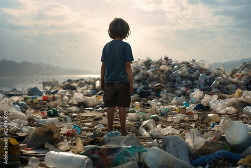 sad kid stand looking at a lot of plastic wastes in, environmental pollution | Generative AI