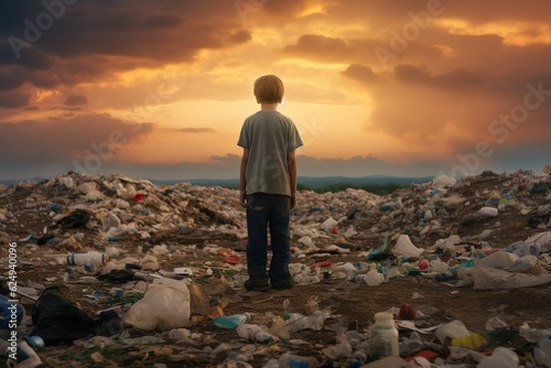 sad kid stand looking at a lot of plastic wastes in, environmental pollution | Generative AI