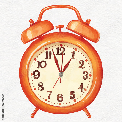 Orange retro ringing alarm clock watercolor illustration. Wake up symbol.
