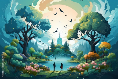 The illustration depicts a serene woodland landscape capturing the beauty and tranquility of nature with people. Generative Ai.