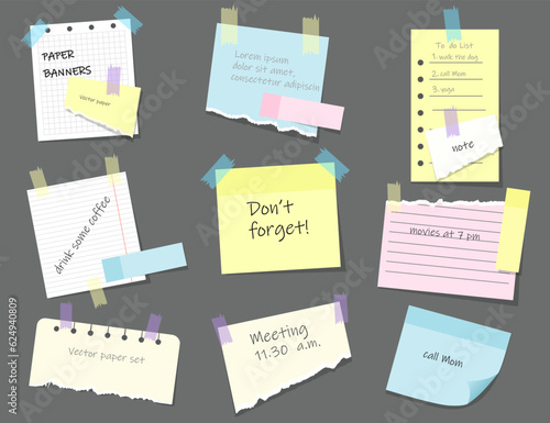 Paper sticky notes, memo messages, notepads and torn paper sheets on a grey background. Blank notepaper of meeting reminder, to do list and office notice. Vector