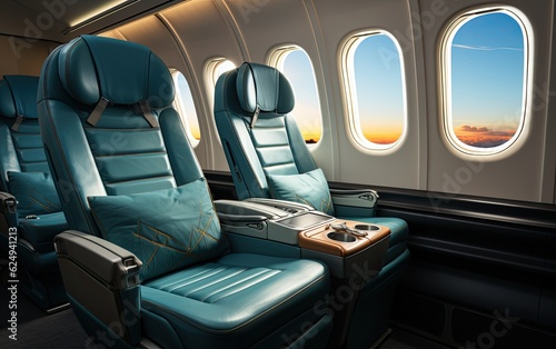 Empty airplane seats and windows, close up view generative ai © GulArt