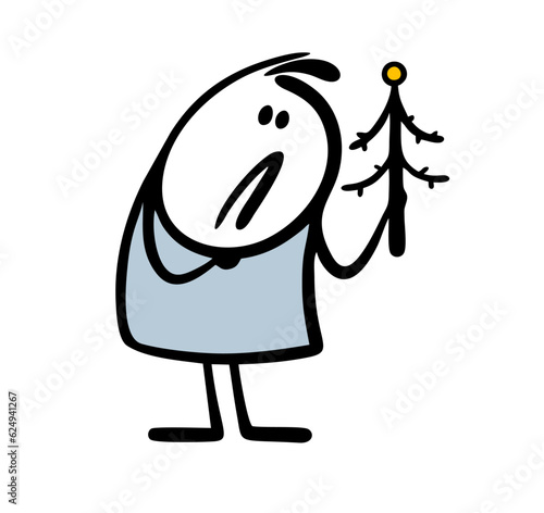 Sad stickman looking at a withered Christmas tree. Vector illustration of the end of the winter holiday.