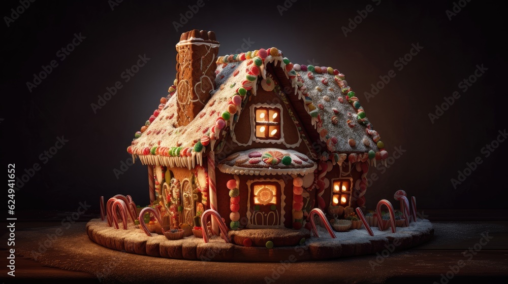 gingerbread house with sweets and candy canes. Created with Generative AI.
