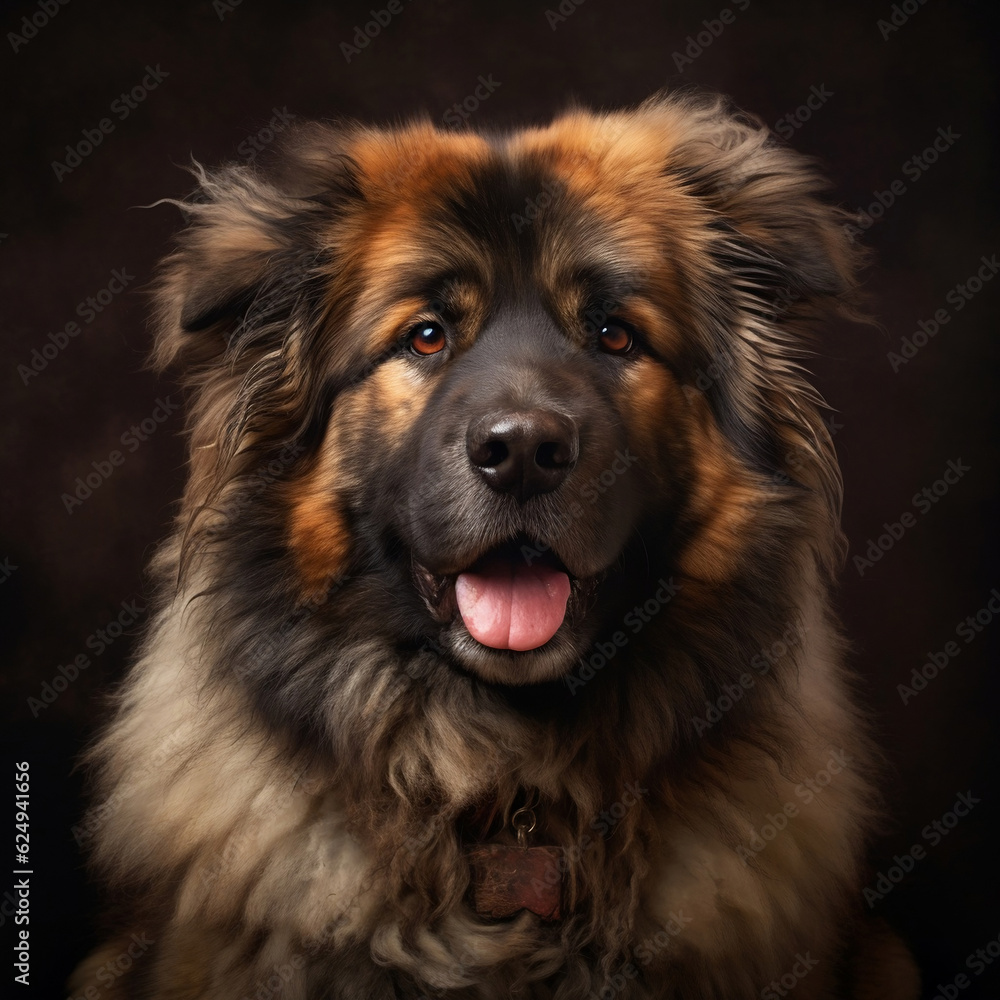 Studio portrait of a large fluffy dog. Pet close-up on a dark background. Studio portrait of a large fluffy dog. Pet close-up on a dark background.