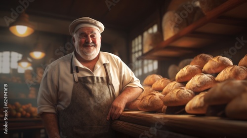  The portrait of an elderly baker in his retro bakery, surrounded by delicious pastries and bread, reflecting his lifelong passion for baking. Generative Ai.