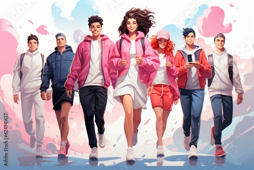 The illustration shows stylishly dressed teenagers who exude confidence in their fashionable clothes. Generative Ai.