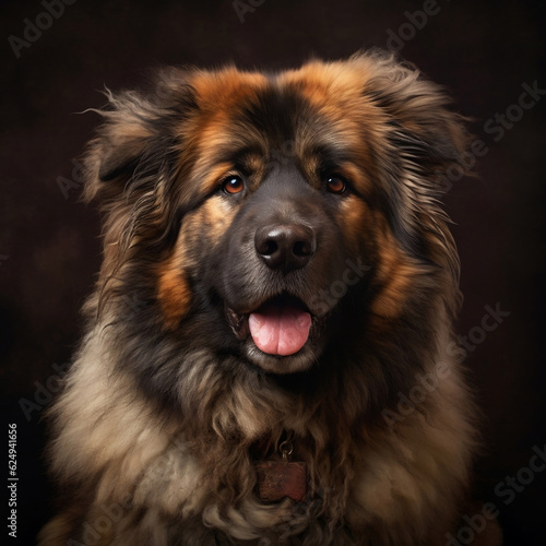 Studio portrait of a large fluffy dog. Pet close-up on a dark background. 