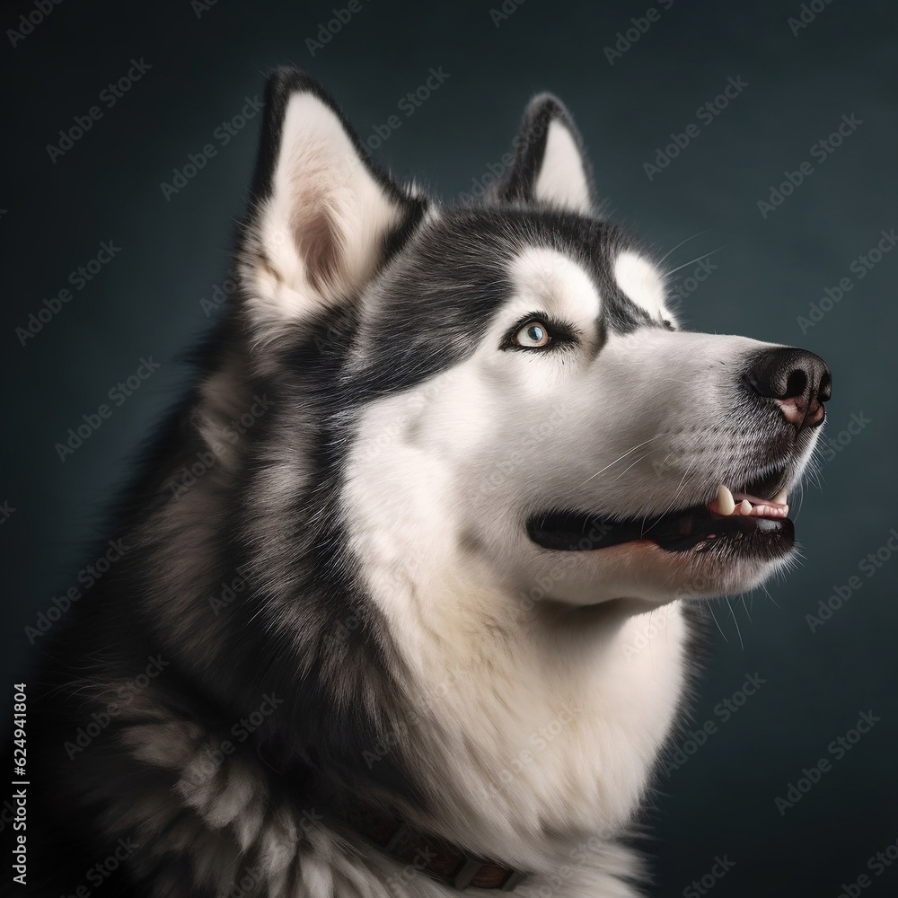 Siberian Husky studio portrait for cover grooming salon, dog food. Generative AI