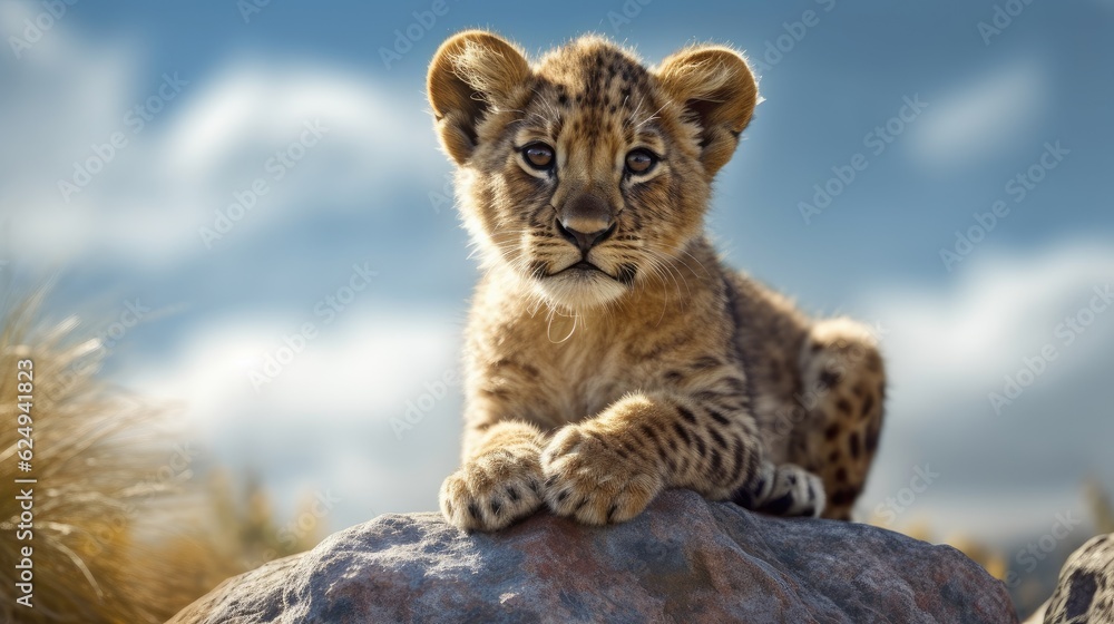 Fototapeta premium lion cub sitting on top of a rock in a field of grass. Created with generative AI. 