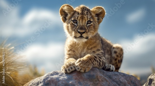lion cub sitting on top of a rock in a field of grass. Created with generative AI.	
