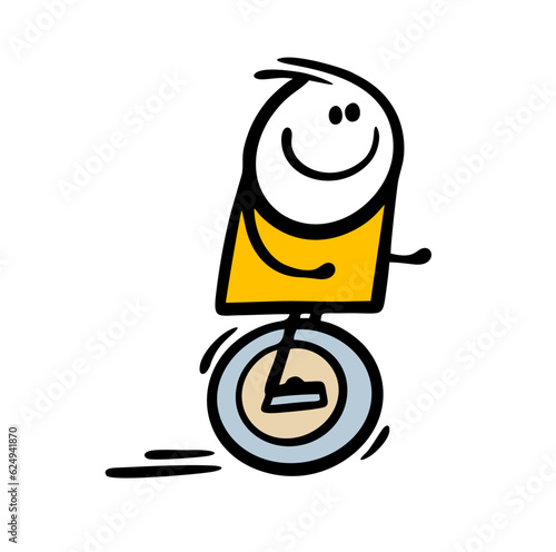 Young stickman guy rushes on a monowheel without a helmet and protection. Vector illustration of dangerous children fun. Wheel as a means of transportation.