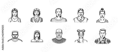 Human Avatars Collection. Diverse faces of people. Characters set. Happy emotions. Portrait for social media, website. Men and women, grandparents and girls. Hand drawn doodle sketch.