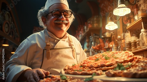 The illustration showcases a portrait of an elderly pizza master in his vintage pizzeria, surrounded by rustic decor and creating delicious pizzas with expertise and love for the craft. Generative Ai.