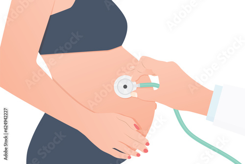 doctor hand with stethoscope examining pregnant woman; prenatal care; safety checks of the child in the womb- vector illustration photo