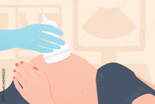 doctor doing ultrasound scan of the pregnant woman; prenatal care; safety checks of the child in the womb; baby's development- vector illustration