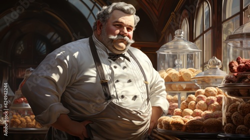 The illustration depicts a portrait of an experienced pastry chef  decked out in a classic white chef s uniform  surrounded by delicious pastries and cakes. Generative Ai.