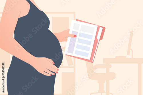 pregnant businesswoman at the office; finishing work before maternity leave- vector illustration