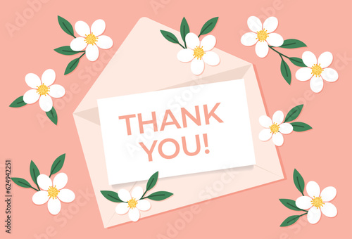 envelope with thank you card and white flowers- vector illustration