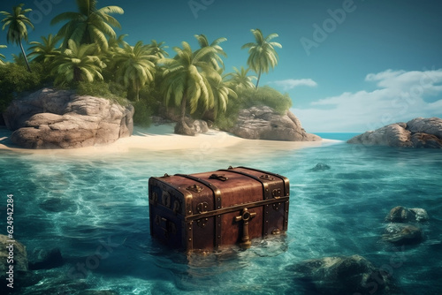 Ancient and vintage treasure chest made of wooden panels placed on empty tropical beach sand. Treasure boxes placed on the sand in a cave or treasure chest. Generative AI Technology