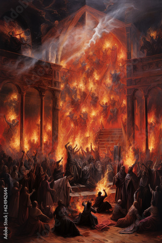 Fotografie, Obraz Illustration of a city burning in high flames depicting destruction of Sodom and Gomorrah from the Bible