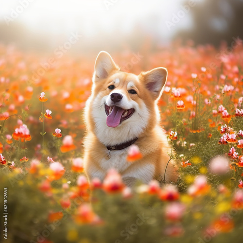 Smiling Corgi sit in a Sunny summer field of red flowers poppies.