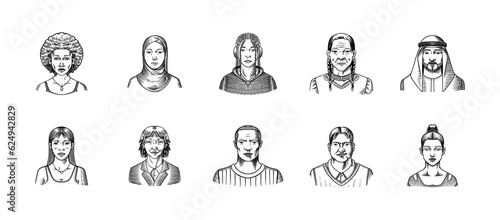 Human Avatars Collection. Diverse faces of people. Characters set. Happy emotions. Portrait for social media, website. Men and women, grandparents and girls. Hand drawn doodle sketch.