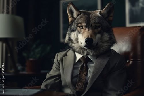 Executive Elegance: Powerful Wolf in a Business Suit at the Office, generative AI