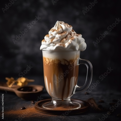 Irish coffee with whipped cream. Coffee drink on a wooden table. Glass cup with coffee dessert on a dark background. AI generated