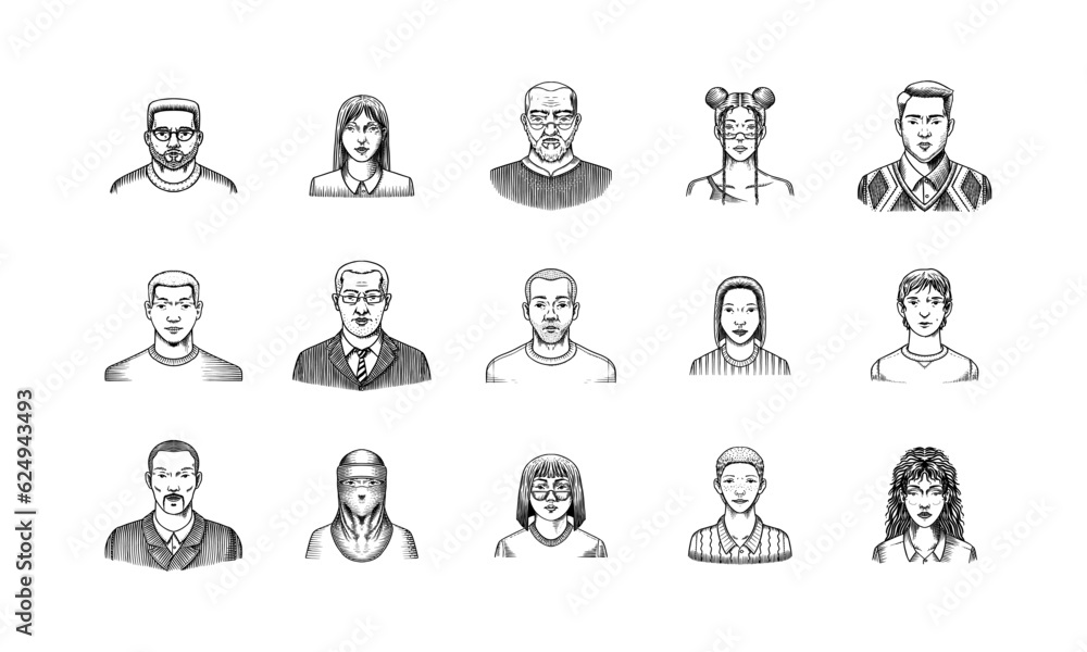 Human Avatars Collection. Diverse faces of people. Characters set. Happy emotions. Portrait for social media, website. Men and women, grandparents and girls. Hand drawn doodle sketch. Human Avatars Collection. Diverse faces of people. Characters set. Happy emotions. Portrait for social media, website. Men and women, grandparents and girls. Hand drawn doodle sketch.