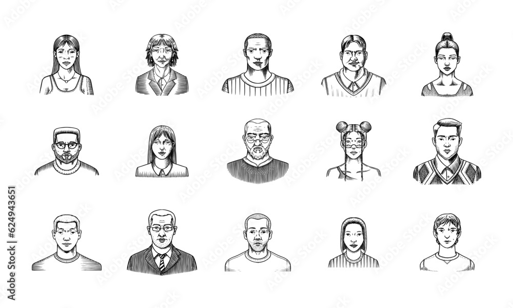 Human Avatars Collection. Diverse faces of people. Characters set. Happy emotions. Portrait for social media, website. Men and women, grandparents and girls. Hand drawn doodle sketch. Human Avatars Collection. Diverse faces of people. Characters set. Happy emotions. Portrait for social media, website. Men and women, grandparents and girls. Hand drawn doodle sketch.