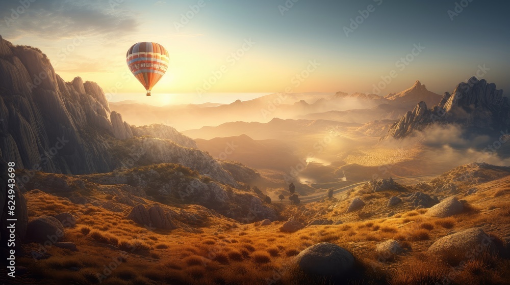 hot air balloon flying between the mountains in a sunrise. Created with Generative AI.