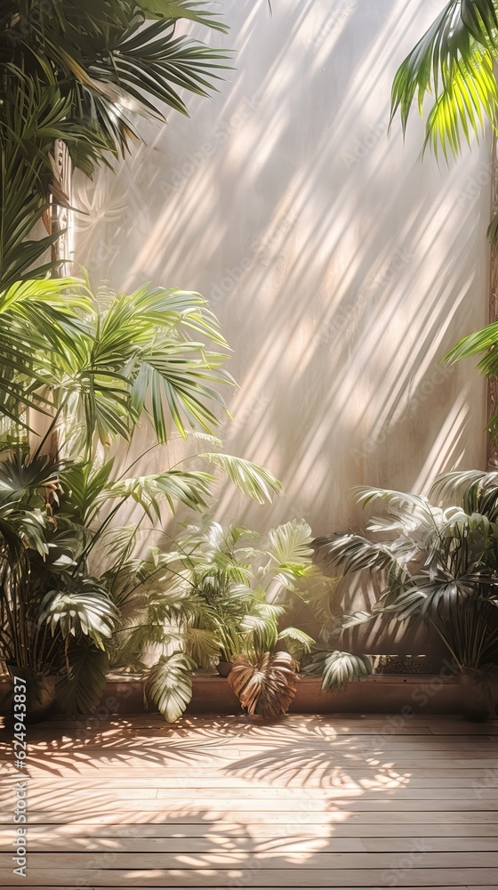 Fototapeta premium Bali style template green background, exotic tropical wall with green palm and banana leaves and atmospheric sunlight rays.