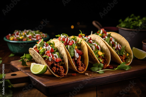 Mexican tacos with beef, vegetables and salsa. Tacos al pastor on wooden board on wooden background. Mexican food