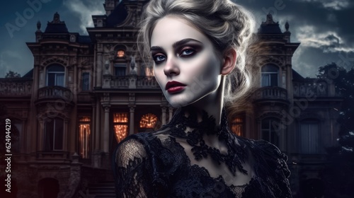 Fantasy Halloween woman portrait. Woman vampire. Created with Generative AI.
