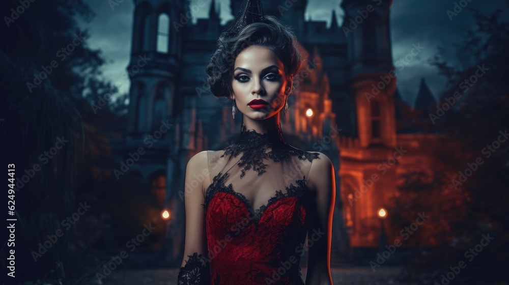 Fototapeta premium Fantasy Halloween woman portrait. Woman vampire. Created with Generative AI.