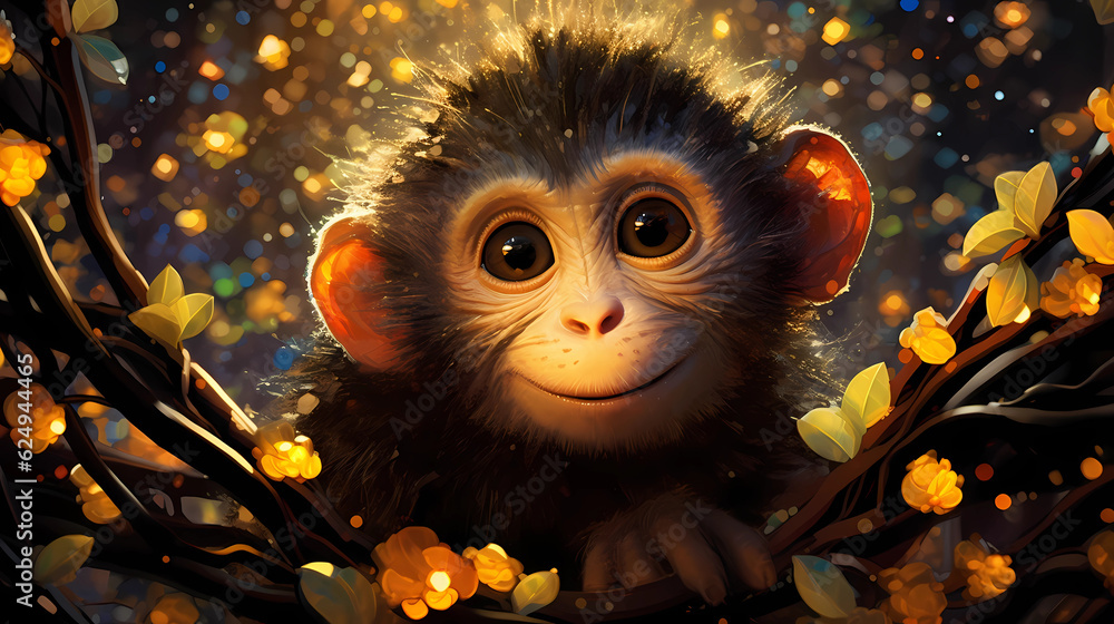 ai generated of a monkey sits in a tall tree in a dark forest, in the style of glitter, realistic depiction of light, sonian, glowing colors, low resolution, sparklecore, realistic animal portraits ai generated of a monkey sits in a tall tree in a dark forest, in the style of glitter, realistic depiction of light, sonian, glowing colors, low resolution, sparklecore, realistic animal portraits