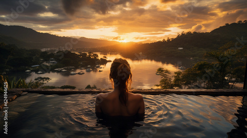 a woman in a luxury pool overlooking a scenic landscape at sunset