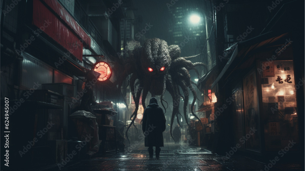 Flying spider monster in an japanese alley