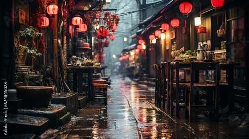 Japanese alley with restaurants during rain
