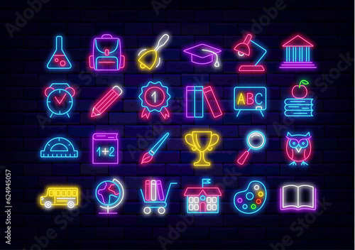 School neon icons collection. Cup, paints and globe. Bus, alarm clock and medal. Vector stock illustration