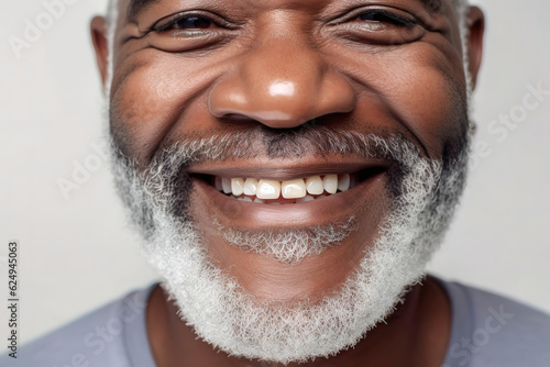 perfect white teeth close up elderly African American black bearded man, male toothy veneer smile, tooth whitening, dental care old people and stomatology, dentistry, generative ai.