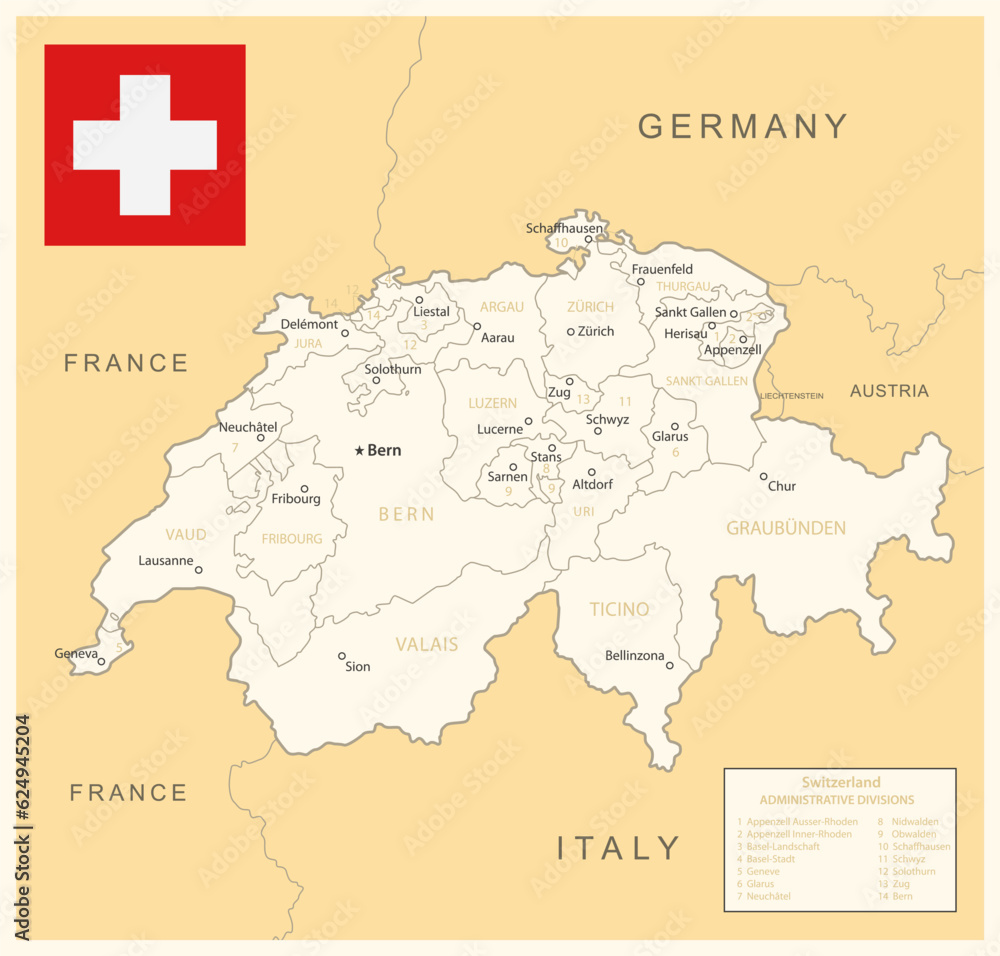 Switzerland - detailed map with administrative divisions and country flag. Vector illustration